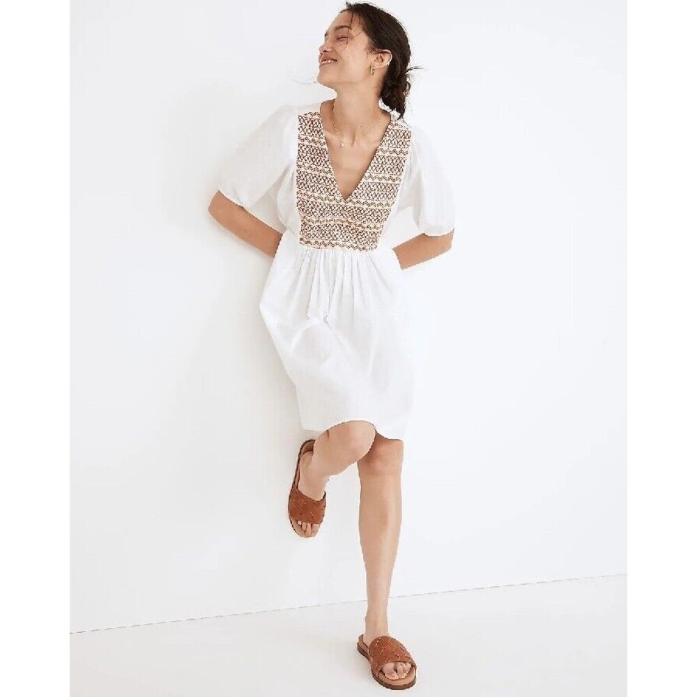 Madewell Embroidered Poplin V-Neck Mini Dress White Puff Sleeve Boho Small NWT